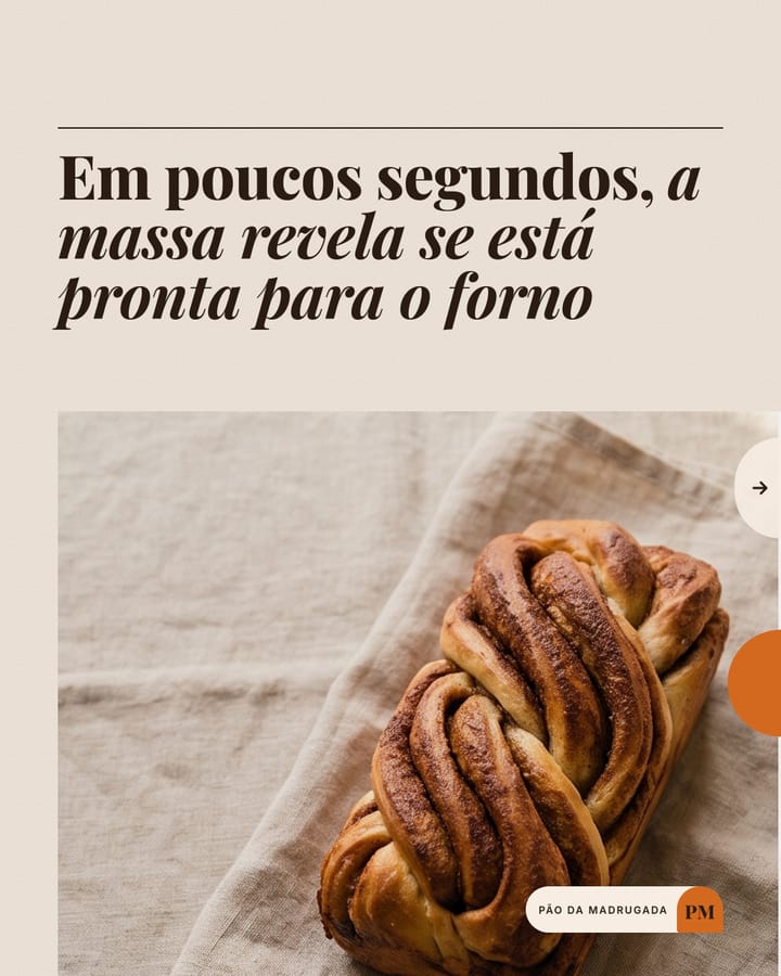 Capa de carrossel em tom de linho com um pão trançado sobre o pano e o título “Em poucos segundos, a massa revela se está pronta para o forno”.