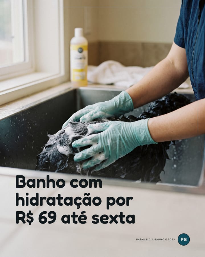 Mãos de luva ensaboando um cachorro na banheira, com luz de janela, e o título “Banho com hidratação por R$ 69 até sexta”.